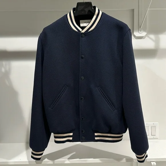 Celine Loose Varsity-Style Jacket In Wool, Navy Blue size 50